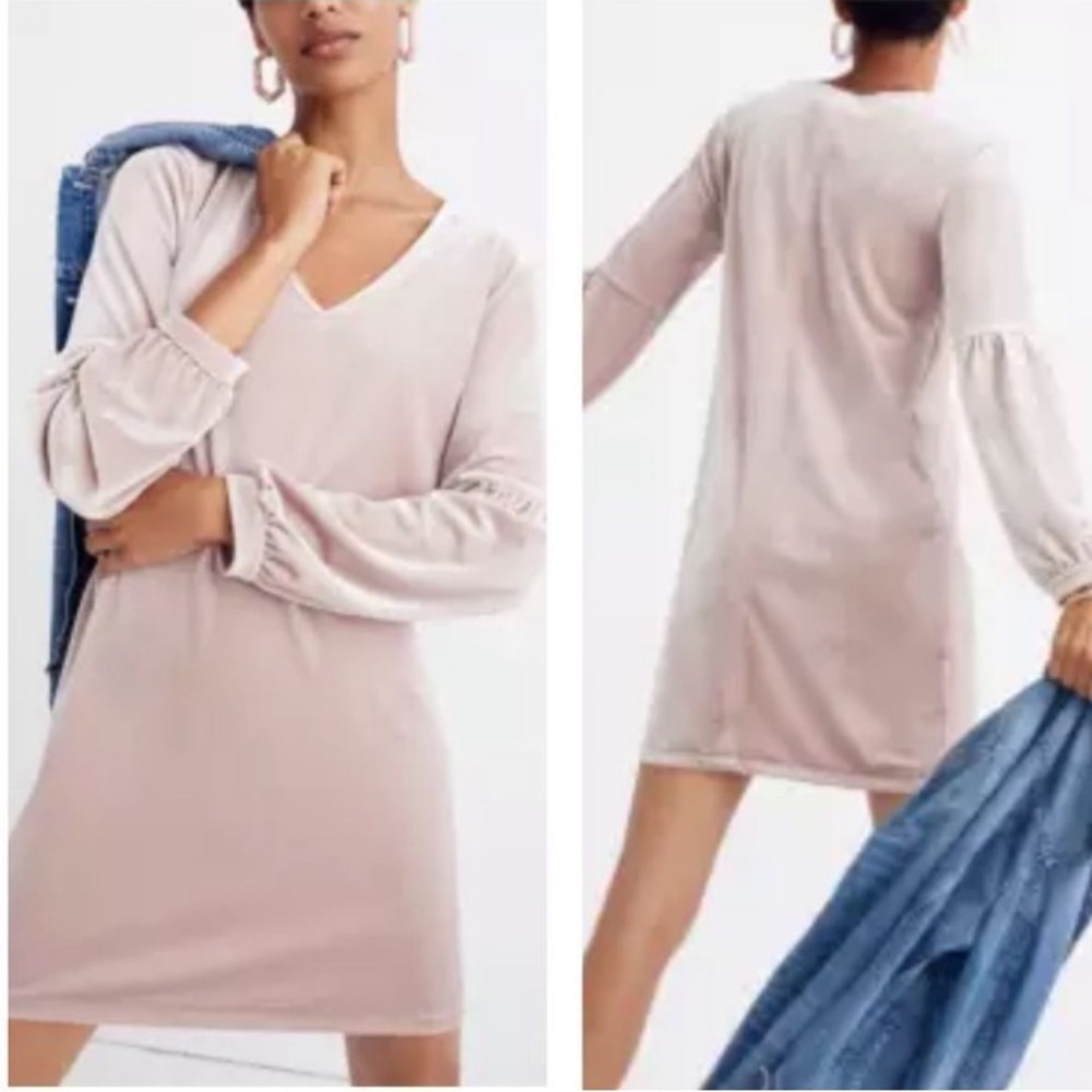Madewell Velvet Balloon Sleeve Dress Dusty Rose Pink Long Sleeve Size XL New